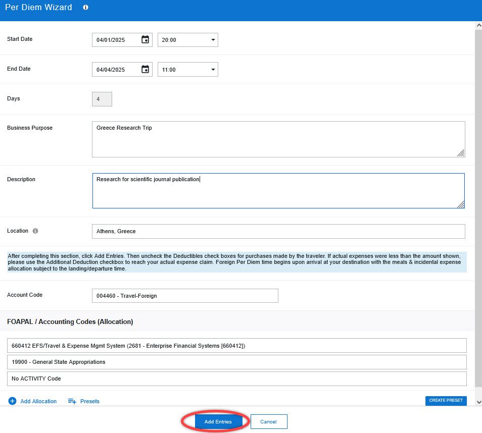 The Per Diem Wizard Interface with Add Entries button circled