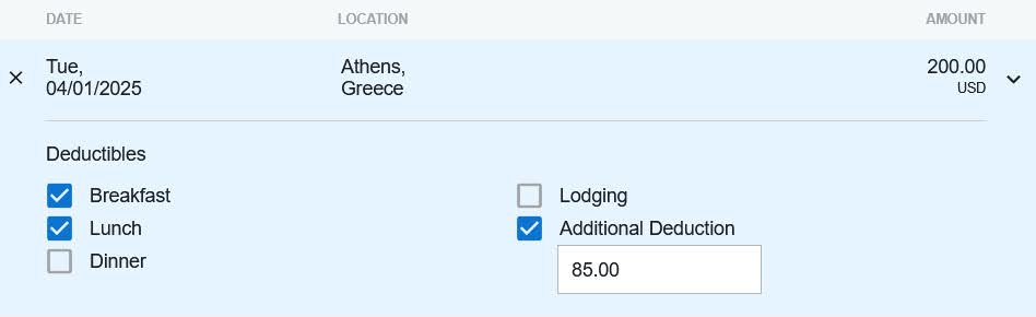 Per diem deduction checkboxes with additional deduction input amount