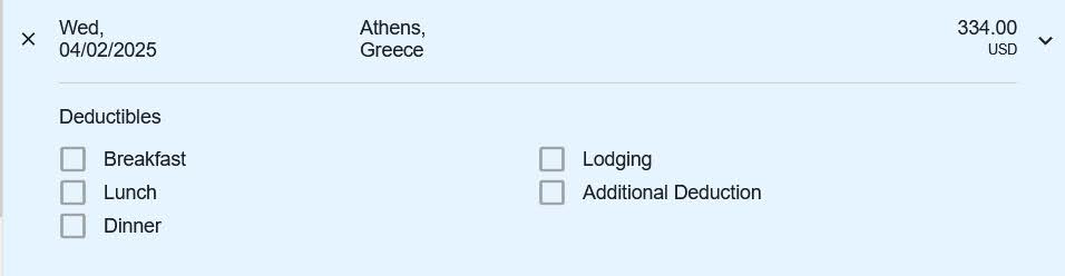Per diem deductions unchcked and excluded