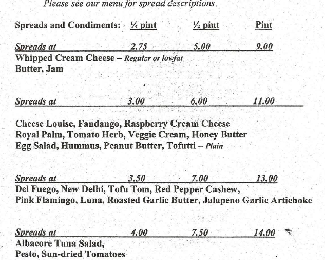 Bagelry Condiments Pricing