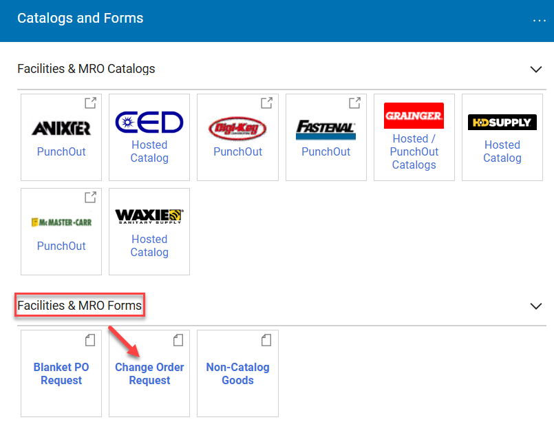 In Catalogs and Forms, arrow pointing to Change Order Request within Facilities & MRO Forms